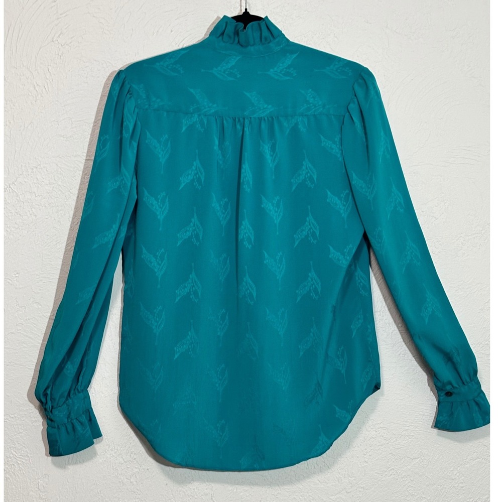 Bethany Classics Blouse Womens XL Teal Ruffle Neck Jacquard Long Sleeve - Picture 3 of 9